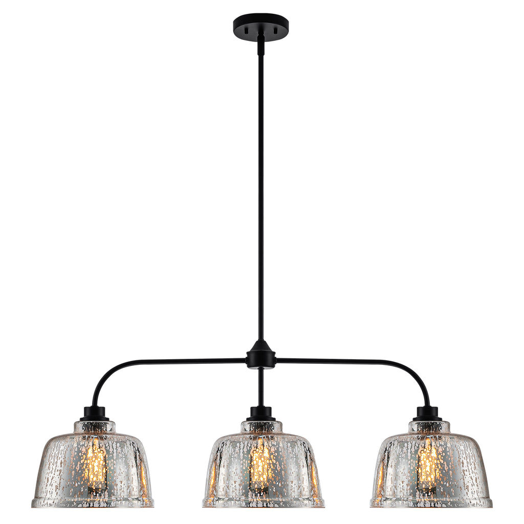 39 in. 3-Light Modern Matte Black Linear Chandelier with Textured Glass Shades for Kitchen Island