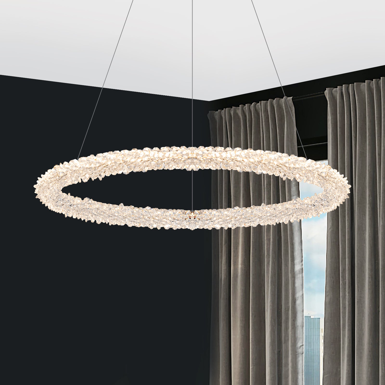1-Light Modern Gold Metal Ring Crystal Integrated LED Pendant Light Dimmable Chandelier for Dining Room