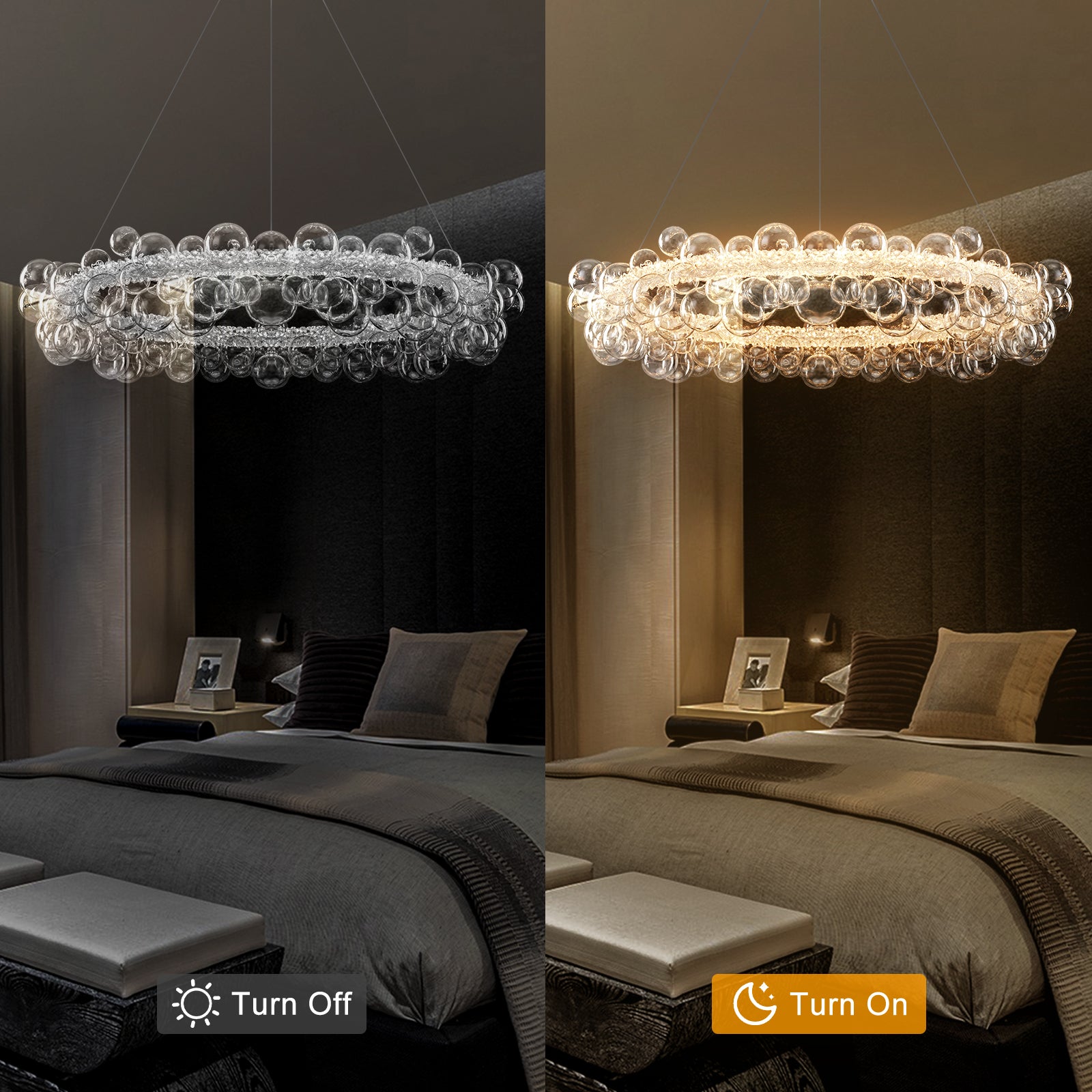1-Light Gold Modern Round Globe Crystal Integrated LED Chandelier Dimmable Pendant Light with Glass Bubbles
