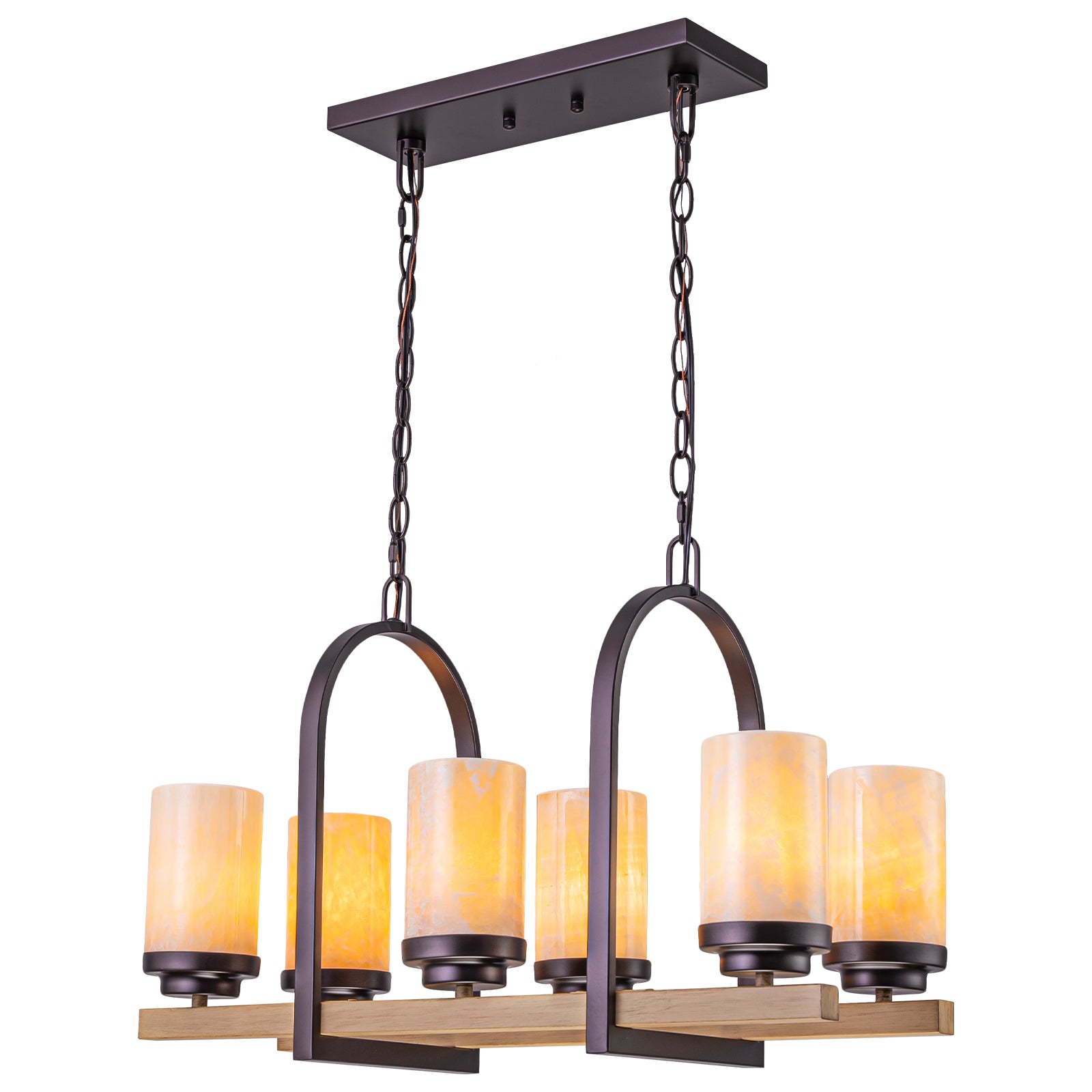 25 in. 6-Light Rustic Industrial Linear Coffee Brown Metal Pendant Light Chandelier with Marble Shades