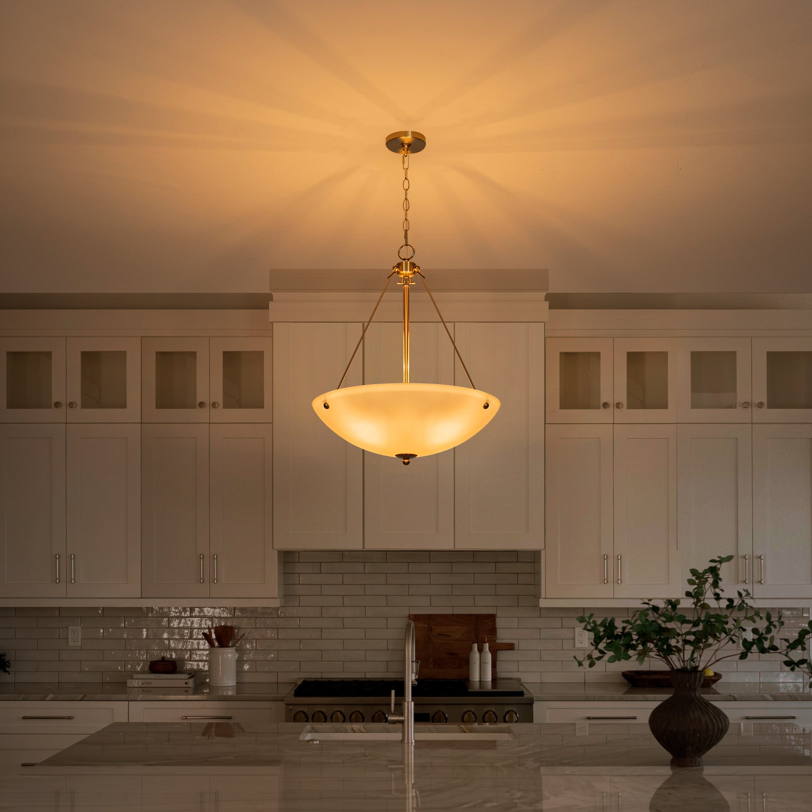 19.69 in. 4-Light Modern Farmhouse Gold Metal Bowl Island Pendant Light with White Glass Shade for Kitchen