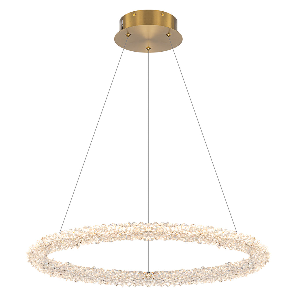 1-Light Modern Gold Metal Ring Crystal Integrated LED Pendant Light Dimmable Chandelier for Dining Room