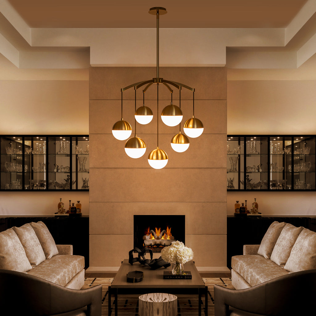 27.4 in. 7-Light Modern Brass Metal Globe Chandelier Hanging Light with White Glass Shades for Living Room