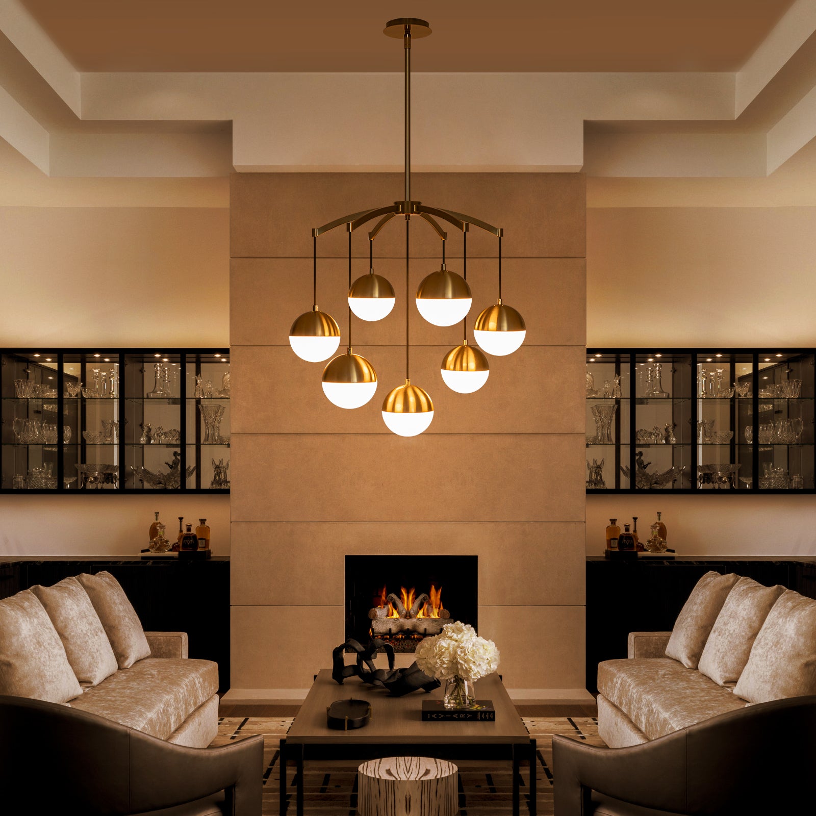 27.4 in. 7-Light Modern Brass Metal Globe Chandelier Hanging Light with White Glass Shades for Living Room