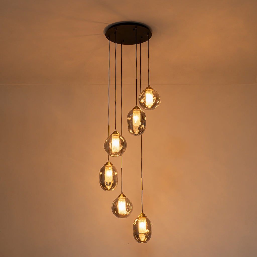 16 in. 6-Light Modern Black Staircase Chandelier Island Pendant Light with Smoky Gray Globe Glass Shade