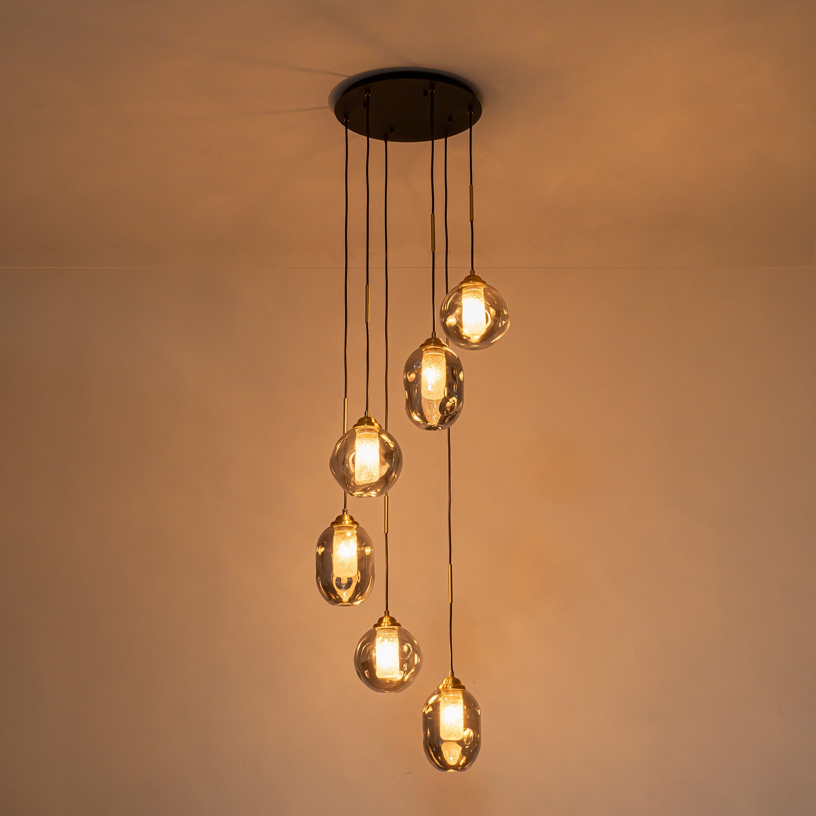 16 in. 6-Light Modern Black Staircase Chandelier Island Pendant Light with Smoky Gray Globe Glass Shade