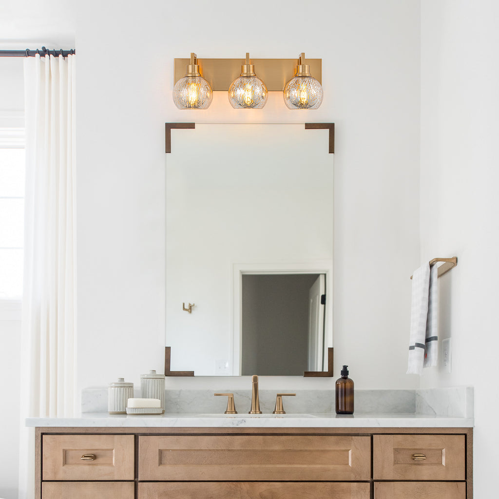 20.47 in. 3-Light Modern Gold Metal Linear Bathroom Vanity Light with Globe Mercury Glass Shades