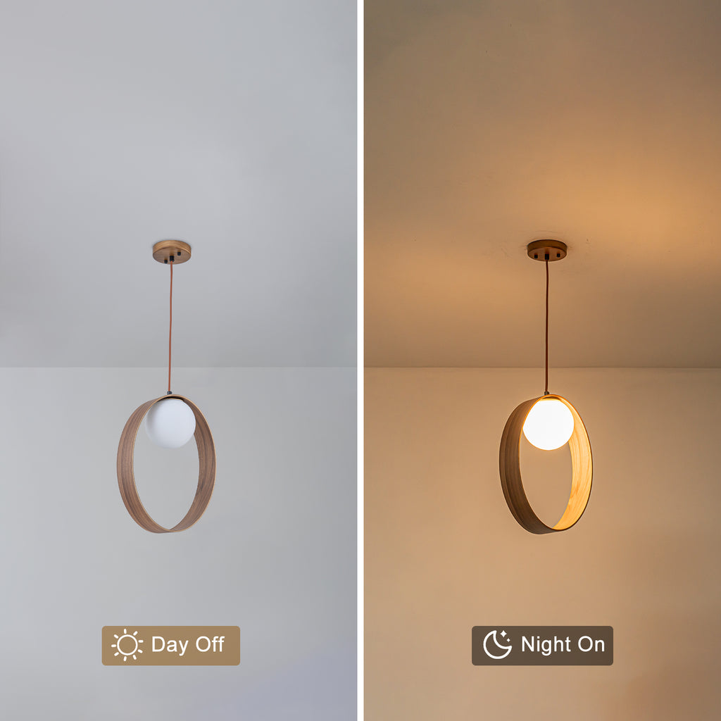 12 in. 1-Light Modern Walnut Oval Globe Pendant Light with White Glass Shade for Dining Room, Kitchen Island