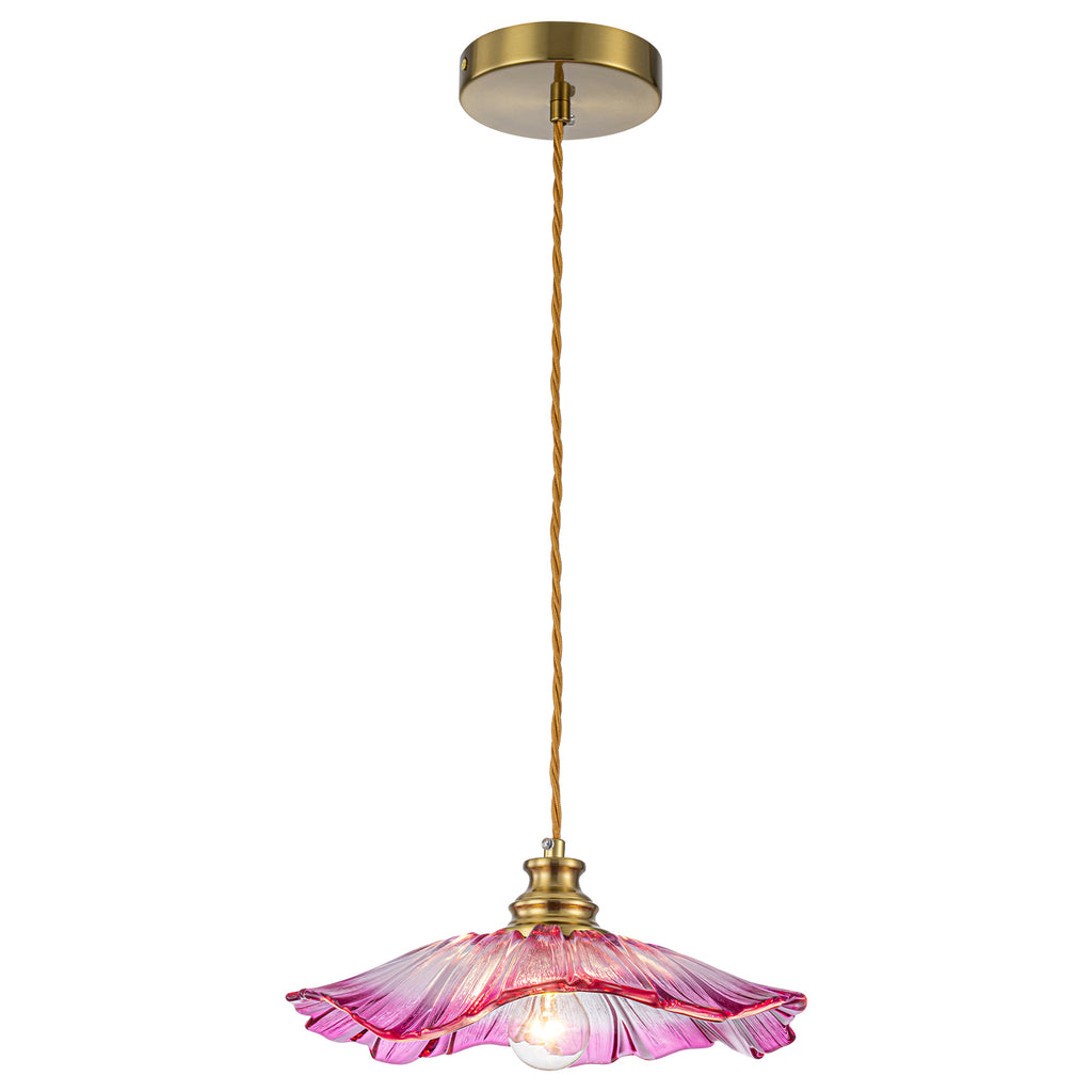 11.02 in. 1-Light Modern Pink Hanging Pendant Light with Flower Shaped Glass Shade for Bedroom, Kitchen Island
