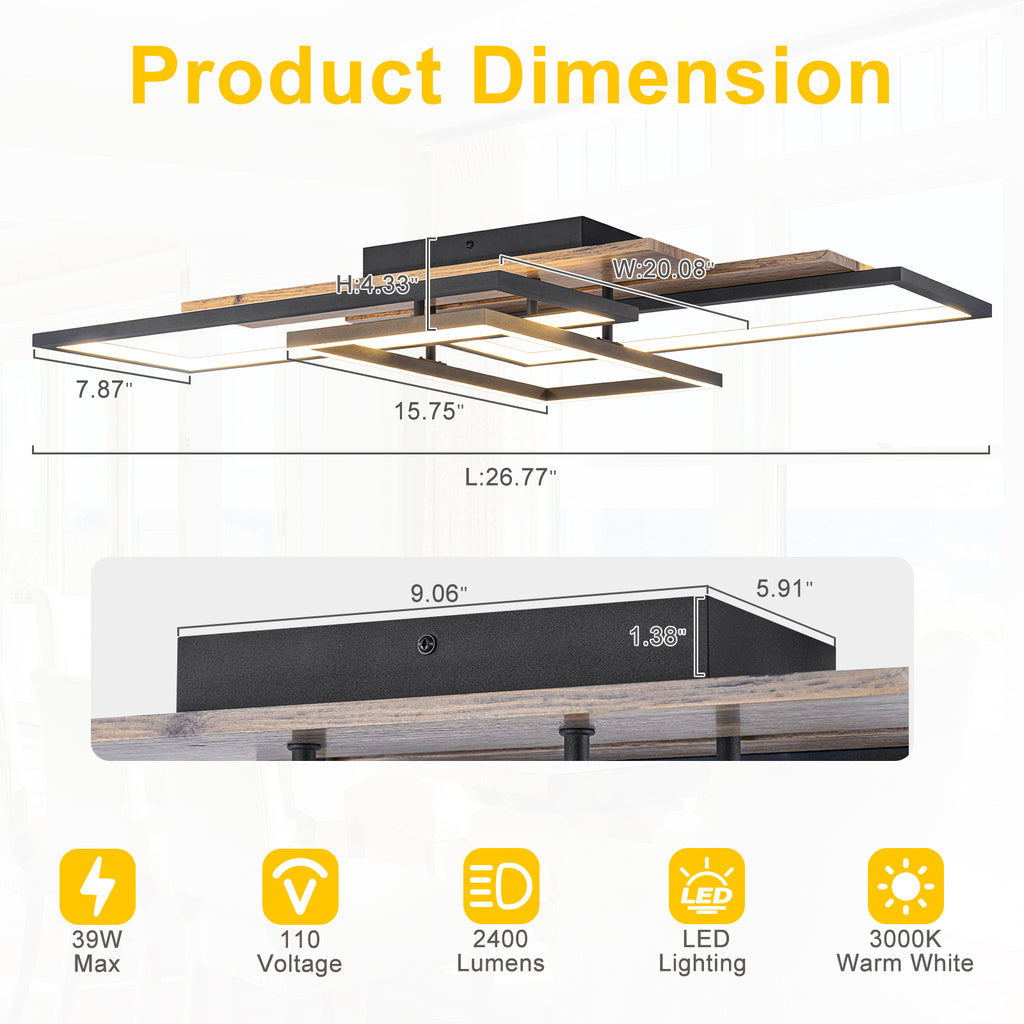 3-Light 26.77 in. Modern Black and Wood Dimmable Integrated LED Flush Mount Ceiling Light