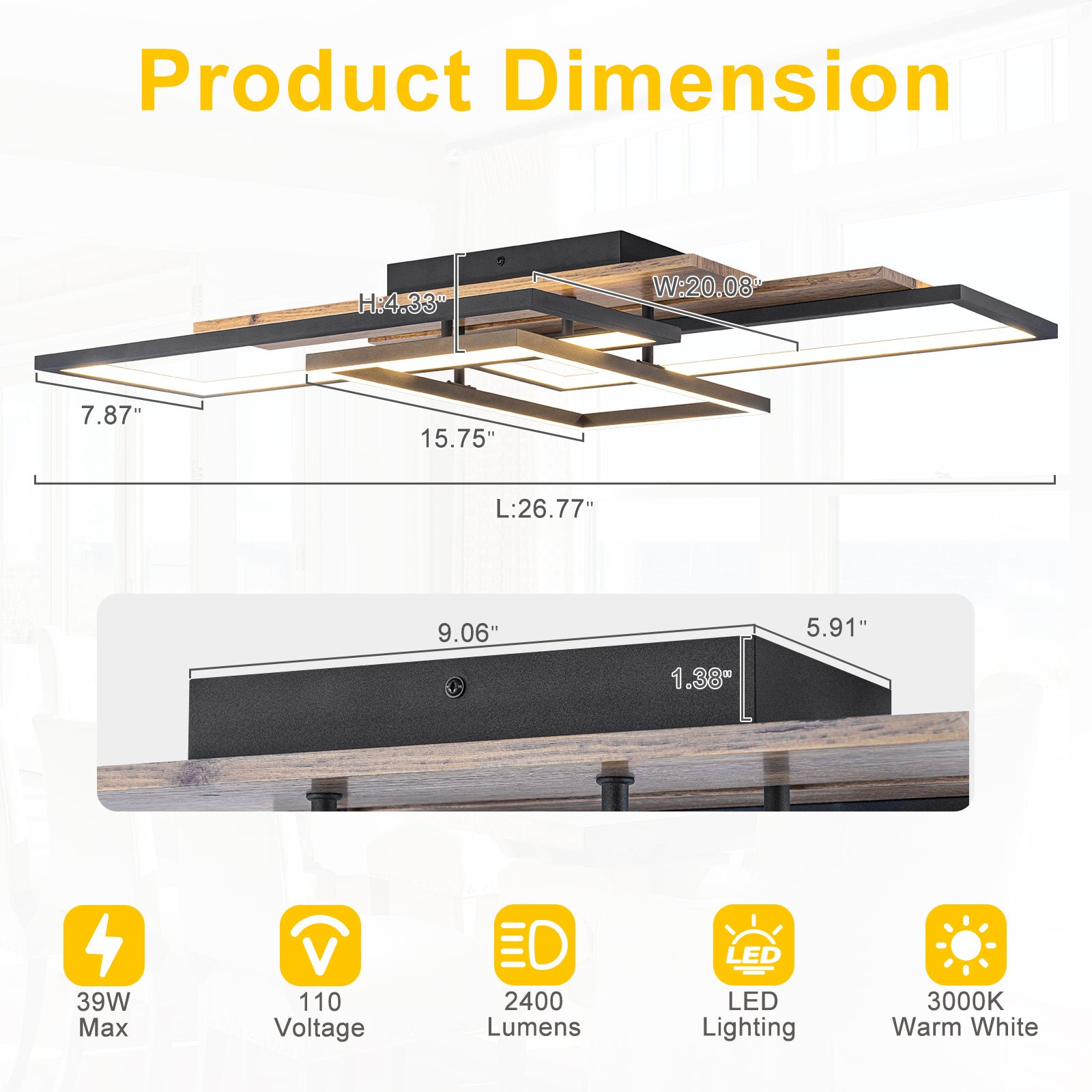 3-Light 26.77 in. Modern Black and Wood Dimmable Integrated LED Flush Mount Ceiling Light