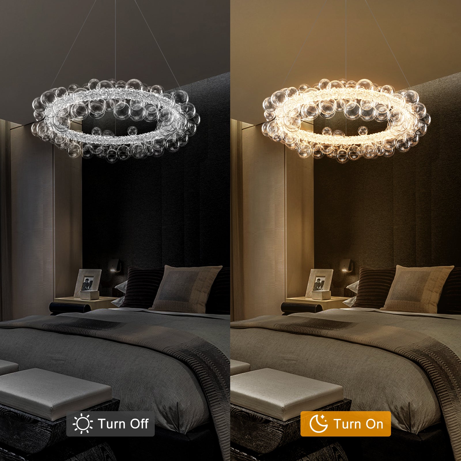 1-Light Gold Modern Round Globe Crystal Integrated LED Chandelier Dimmable Pendant Light with Glass Bubbles