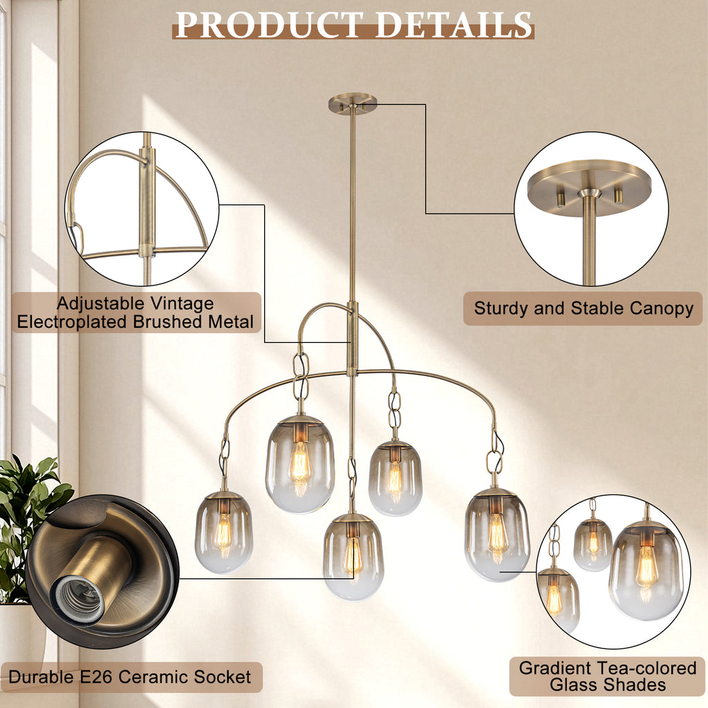 5/7-Light 2/3-Tier Antique Gold Metal Chandelier Pendant with Oval Glass Shades for Living Room, Kitchen Island