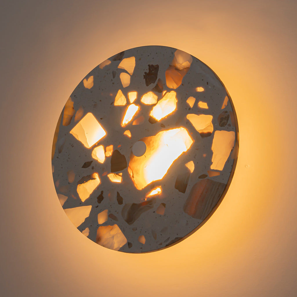8.07 in. 1-Light Modern Round Dimmable LED Wall Sconce Light with Mable Terrazzo Shade for Bedroom Foyer Hallway
