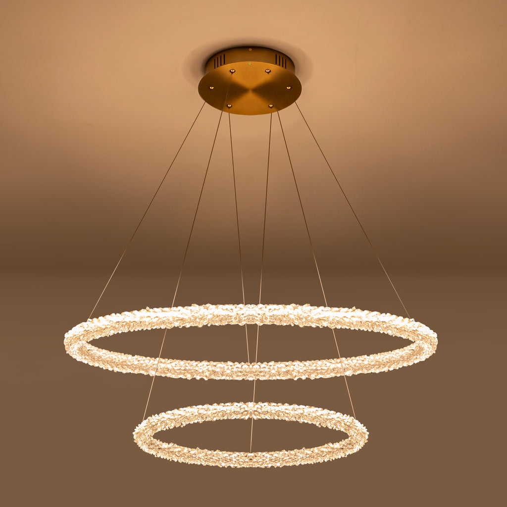 2-Light Modern Gold Double Ring Dimmable Integrated LED Chandelier Tiered Pendant Light with Crystal for Dining Room