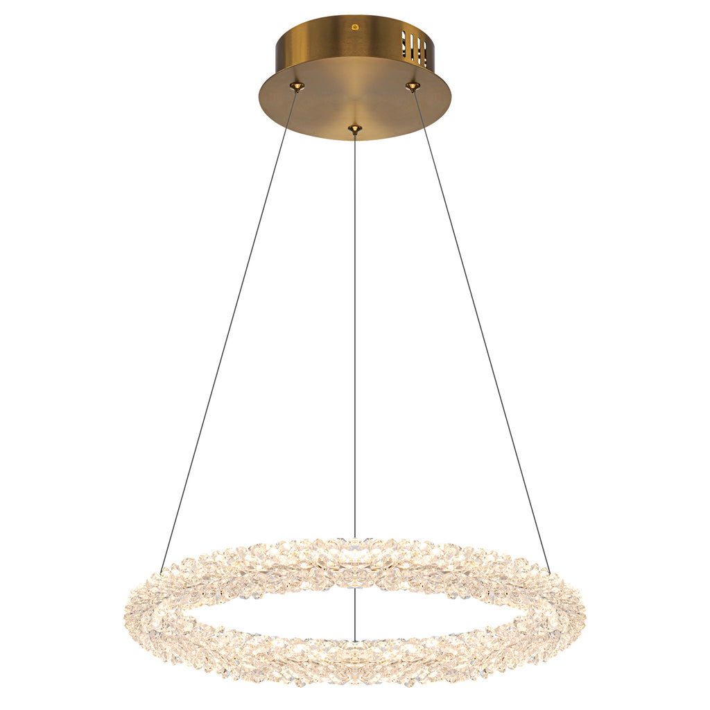 1-Light Modern Gold Metal Ring Crystal Integrated LED Pendant Light Dimmable Chandelier for Dining Room