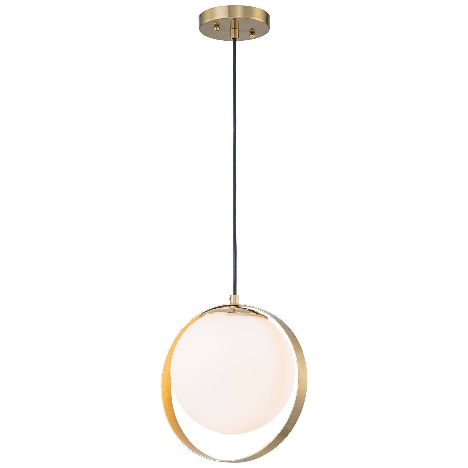 9.84 in. 8-Watt 1-Light Modern Mid-Century Brass Ring LED Pendant Light with White Globe Glass Shade