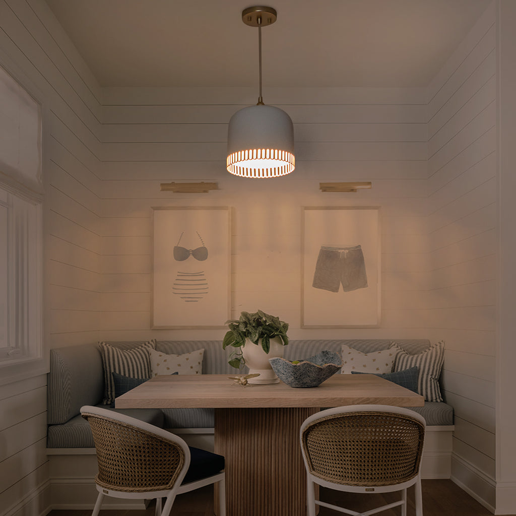 1-Light Gold Iron Semi-Domed Shape Pendant Light with Matte White Metal Shade Hollow Out Design for Living Room