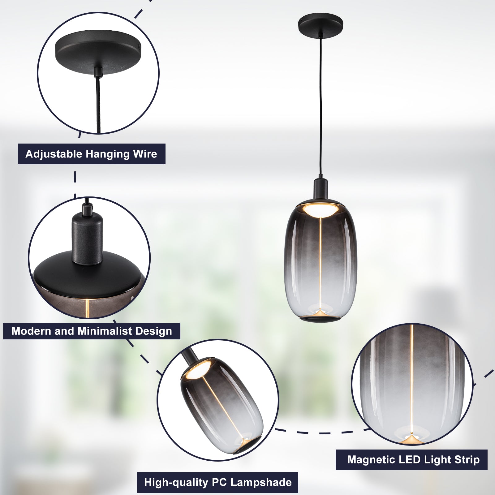 10-Watt 1-Light Modern Dimmable Integrated LED Pendant Light with Drum Shade for Kitchen Island