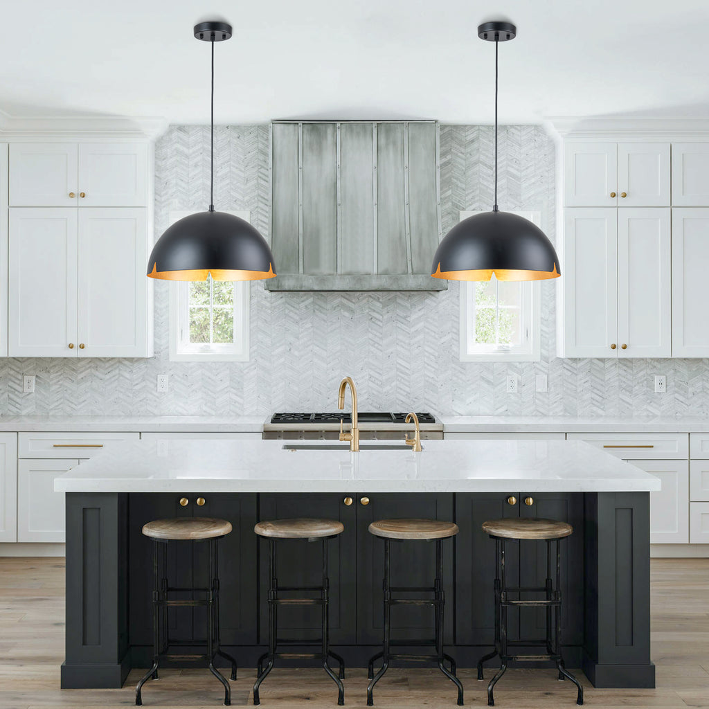 14.96 in. 1-Light Industrial Metal Black/White Dome Pendant Light with Iron Shade for Dining Rooms, Kitchens