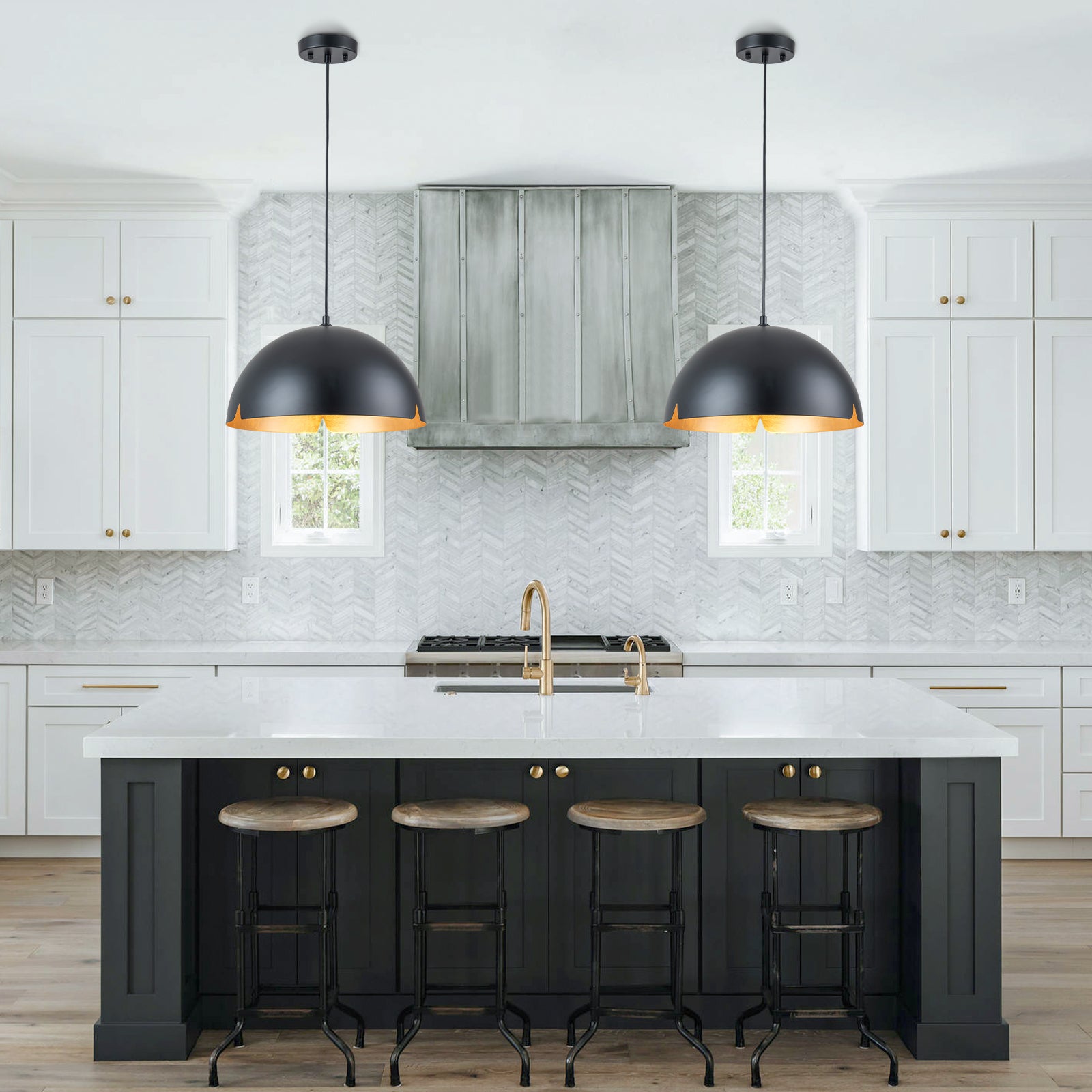 14.96 in. 1-Light Industrial Metal Black/White Dome Pendant Light with Iron Shade for Dining Rooms, Kitchens