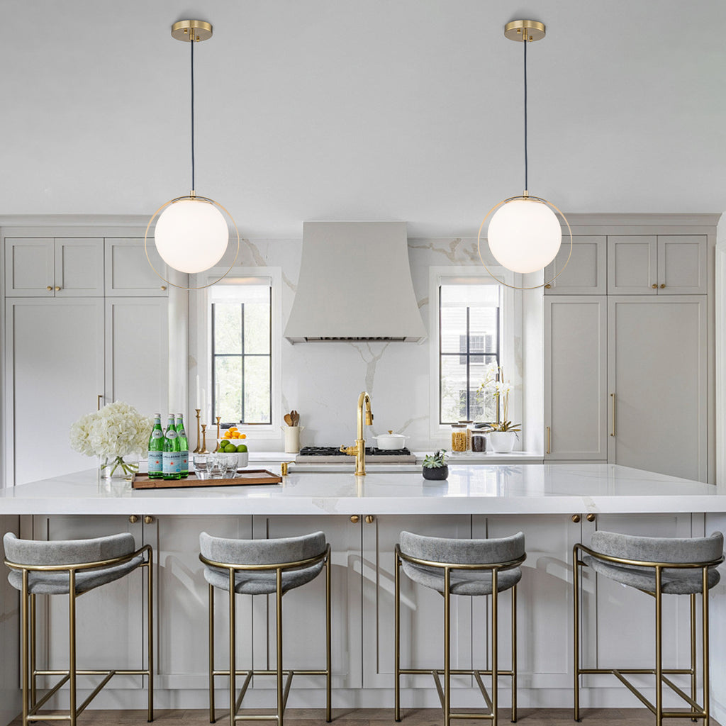 9.84 in. 8-Watt 1-Light Modern Mid-Century Brass Ring LED Pendant Light with White Globe Glass Shade