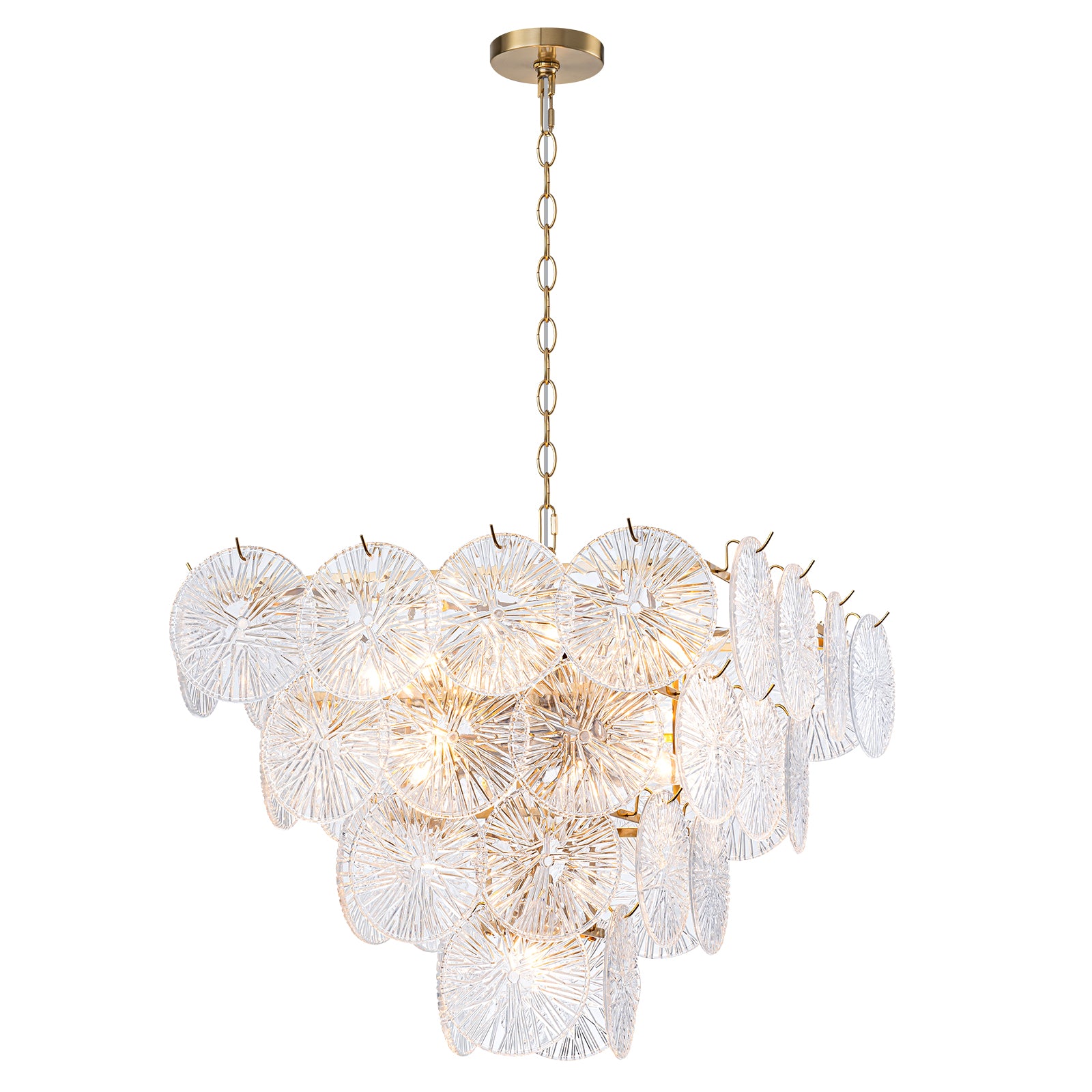 24 in. 13-Light Modern Gold Square Tiered Chandelier with Textured Clear Glass Petal Shades for Living Room