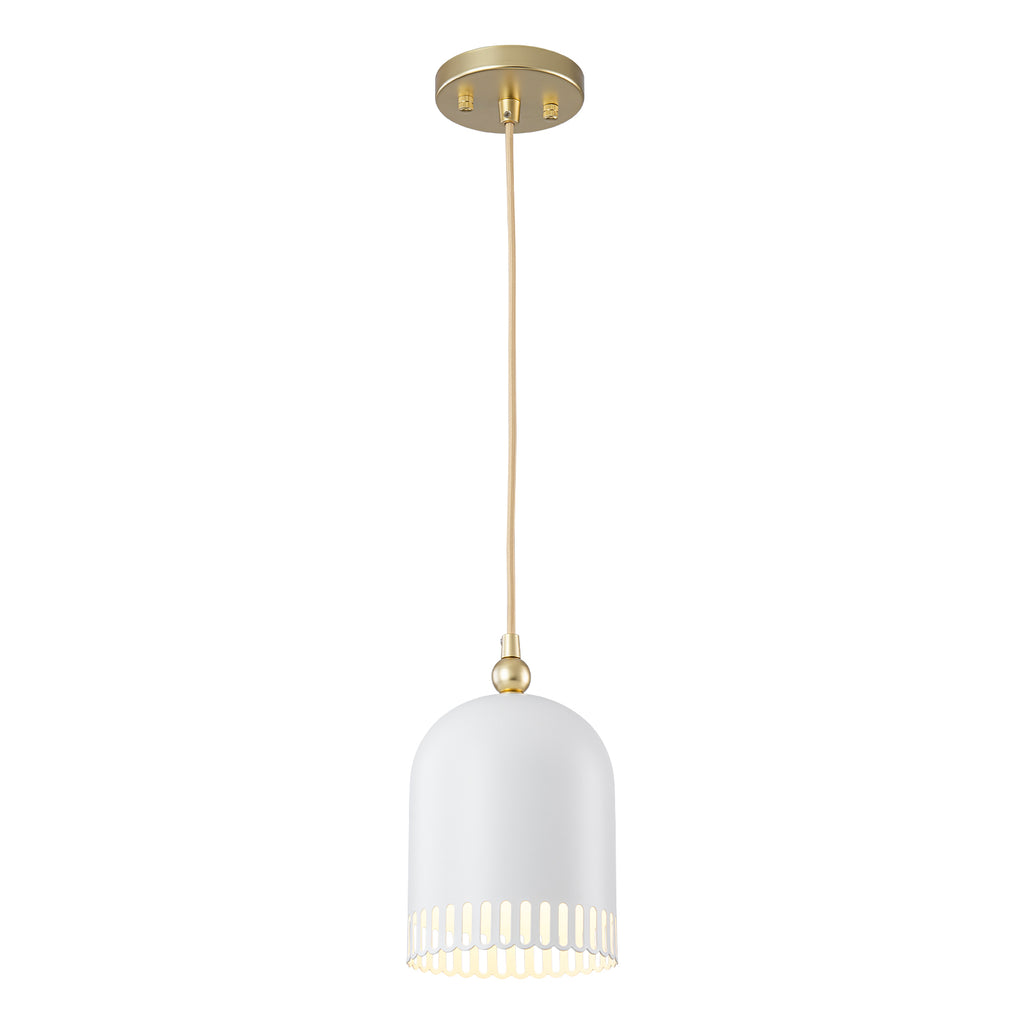 1-Light Gold Iron Semi-Domed Shape Pendant Light with Matte White Metal Shade Hollow Out Design for Living Room