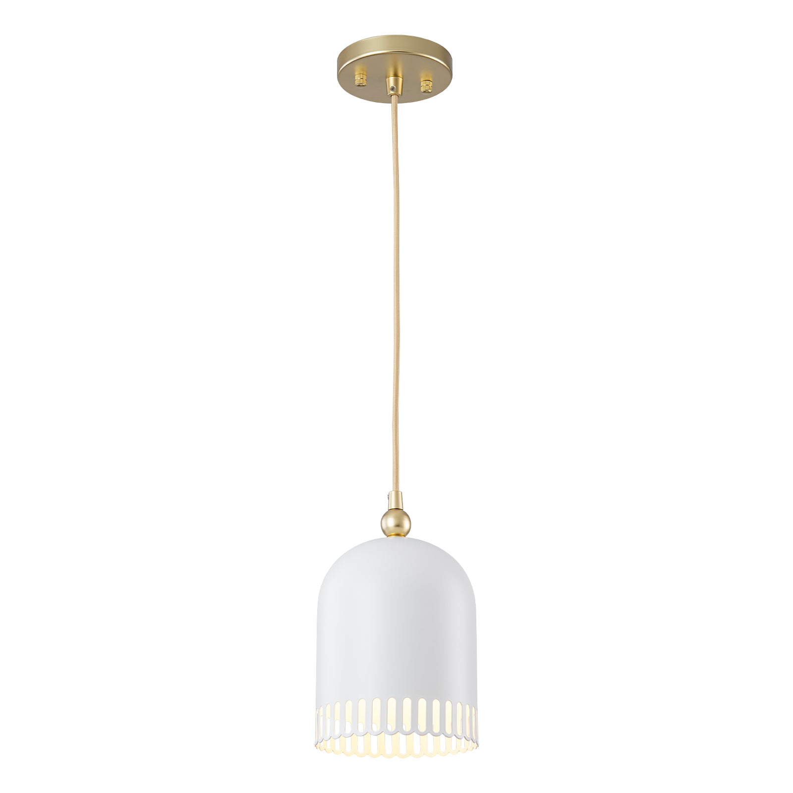 1-Light Gold Iron Semi-Domed Shape Pendant Light with Matte White Metal Shade Hollow Out Design for Living Room