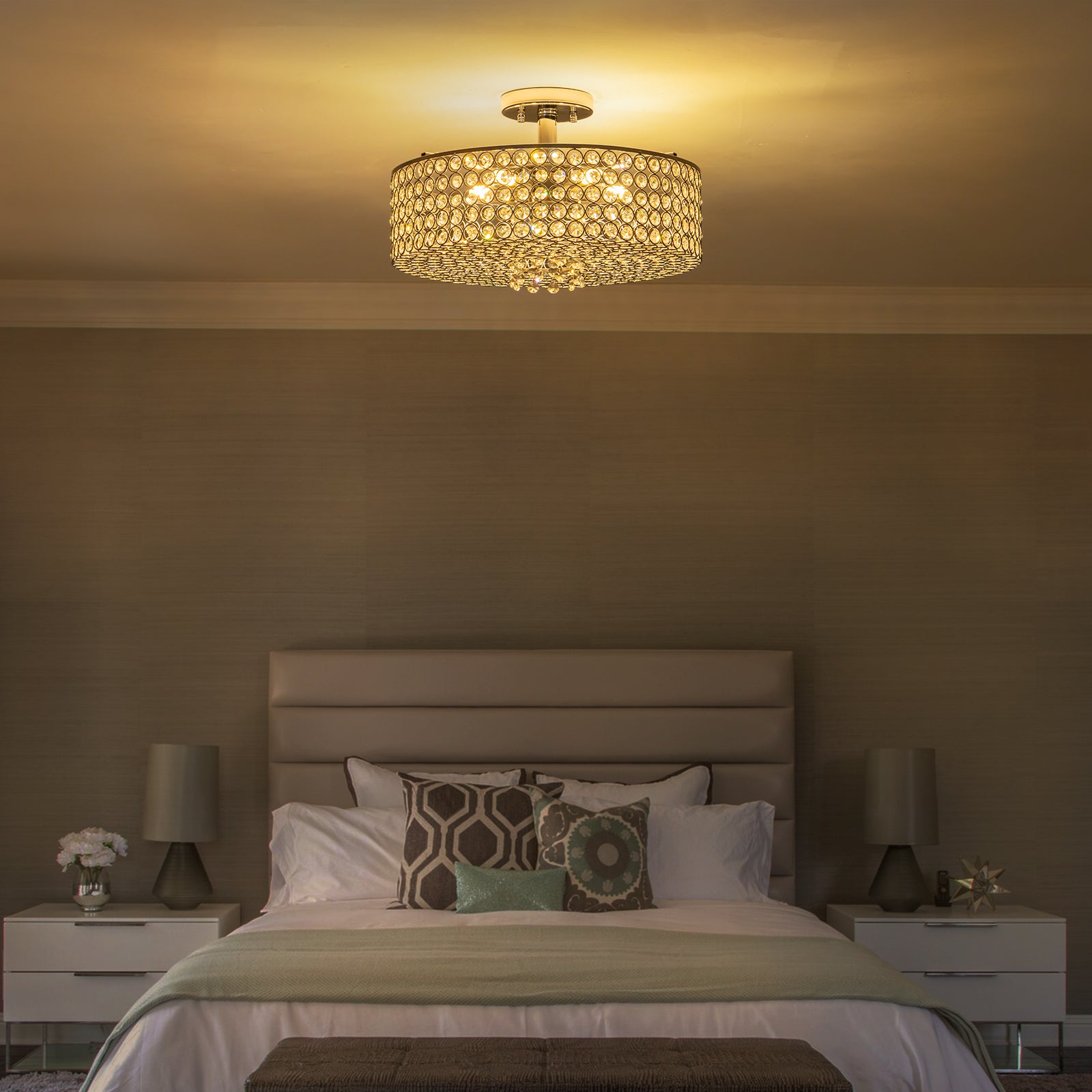5-Light Chrome Round Modern Semi-Flush Mount Ceiling Light with Beaded Drum Crystal Shade for Living Room