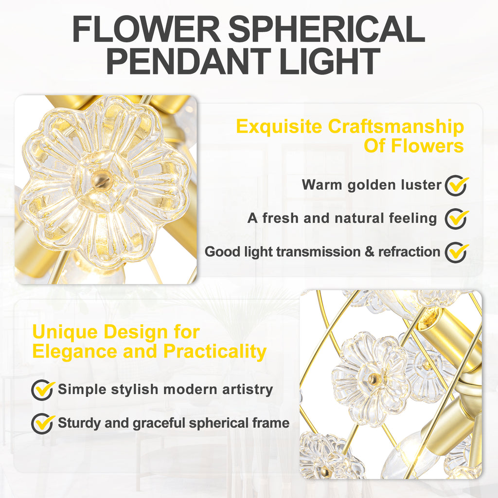 6-Light Modern Metal Gold Globe Cage Chandelier with Glass Flower Shade for Living Room, Dining, Bedroom