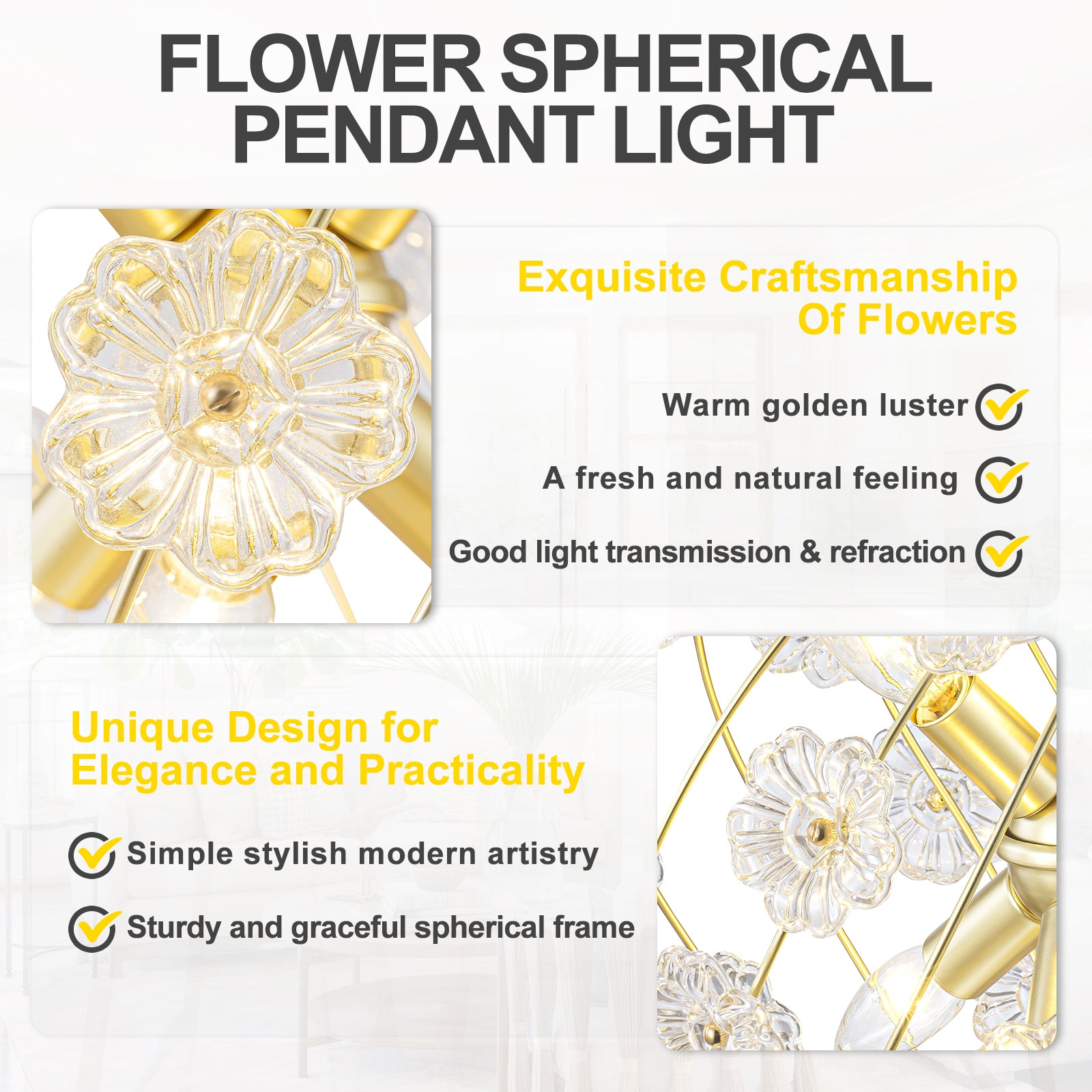 6-Light Modern Metal Gold Globe Cage Chandelier with Glass Flower Shade for Living Room, Dining, Bedroom