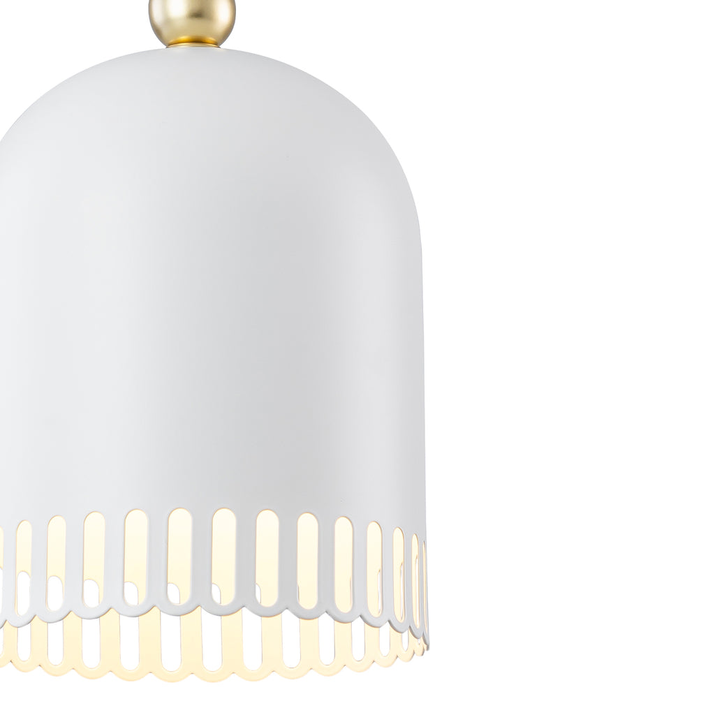 1-Light Gold Iron Semi-Domed Shape Pendant Light with Matte White Metal Shade Hollow Out Design for Living Room