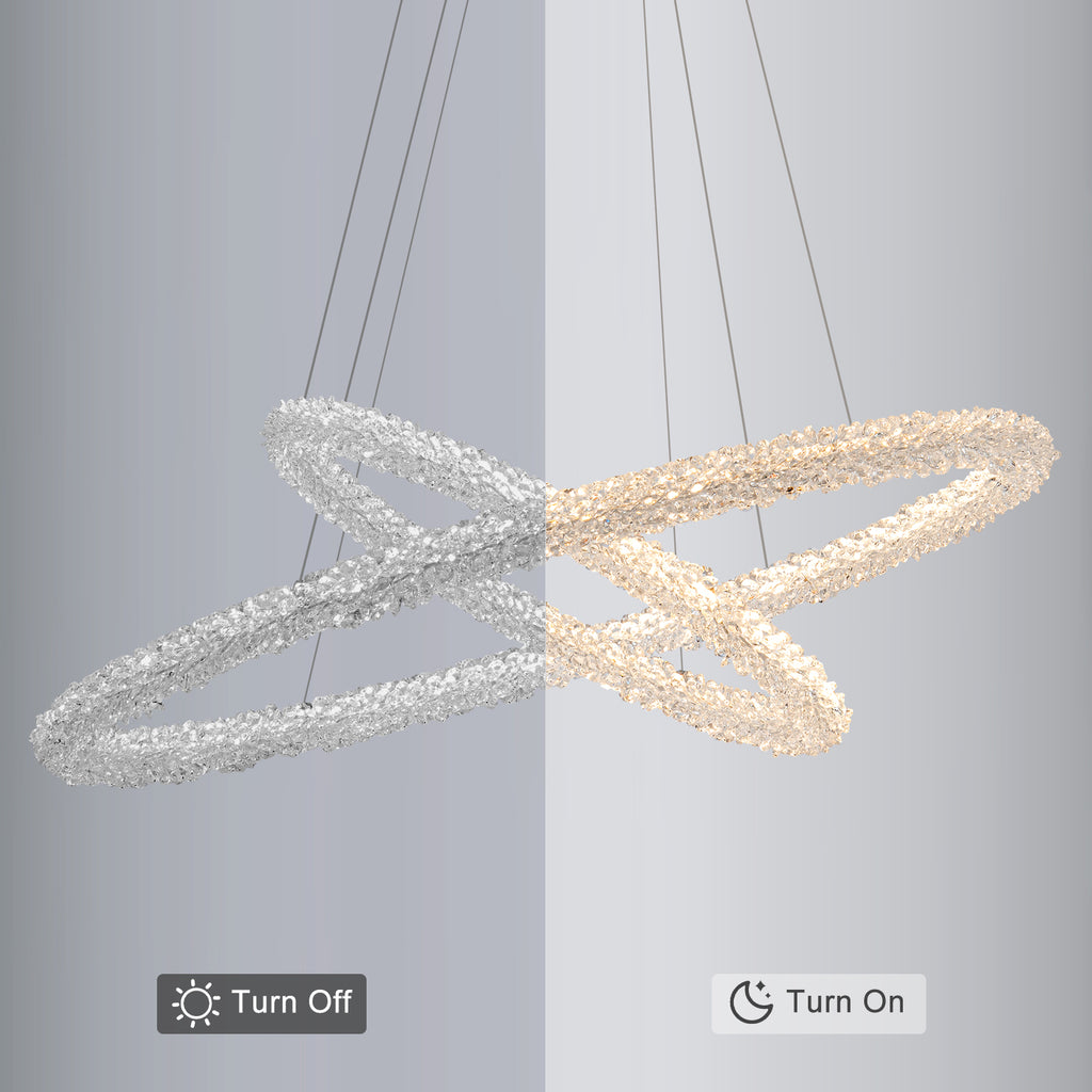 2-Light Modern Gold Double Ring Dimmable Integrated LED Chandelier Tiered Pendant Light with Crystal for Dining Room
