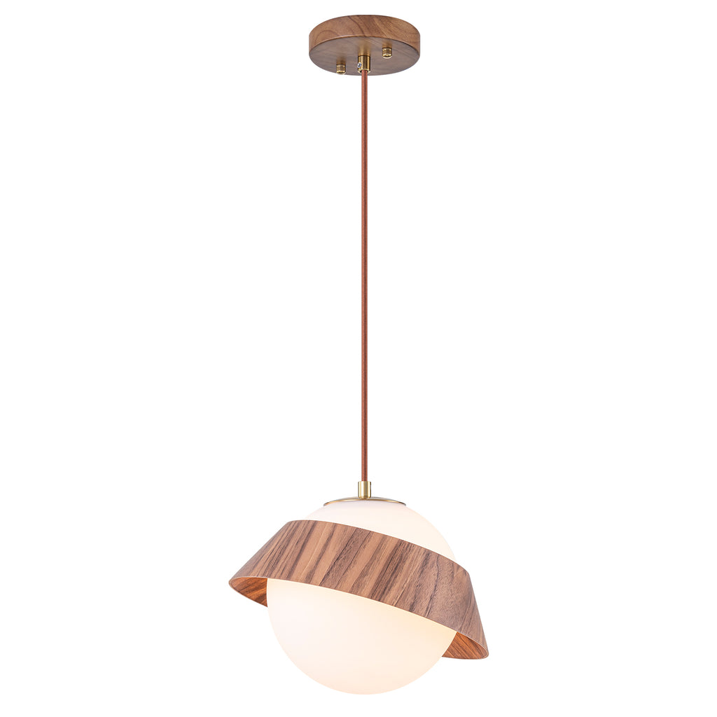 10.63 in. 1-Light Wooden Globe Hanging Pendant Light with White Glass Shade for Kitchen Island, Bedroom