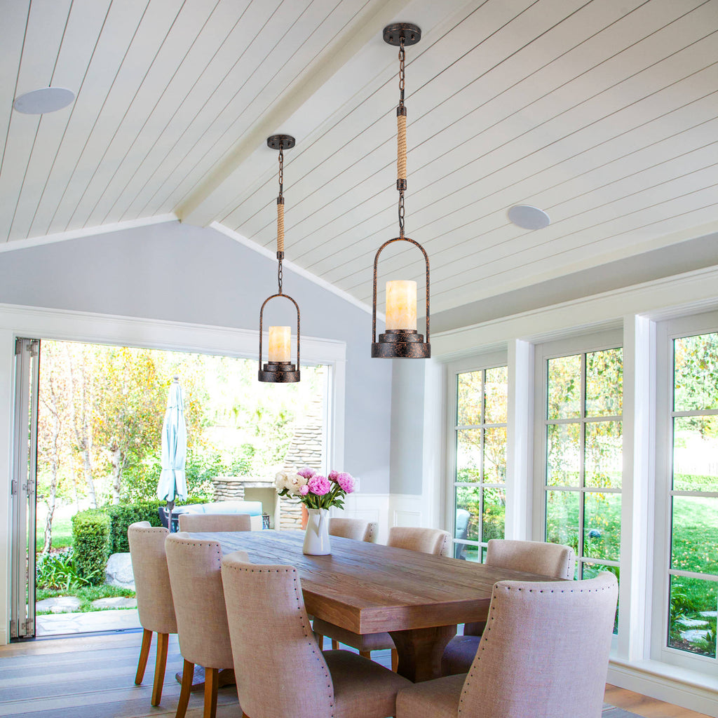 6.69 in. 1-Light Vintage Industrial U-Shaped Iron Pendant Light with Natural Onyx Shade