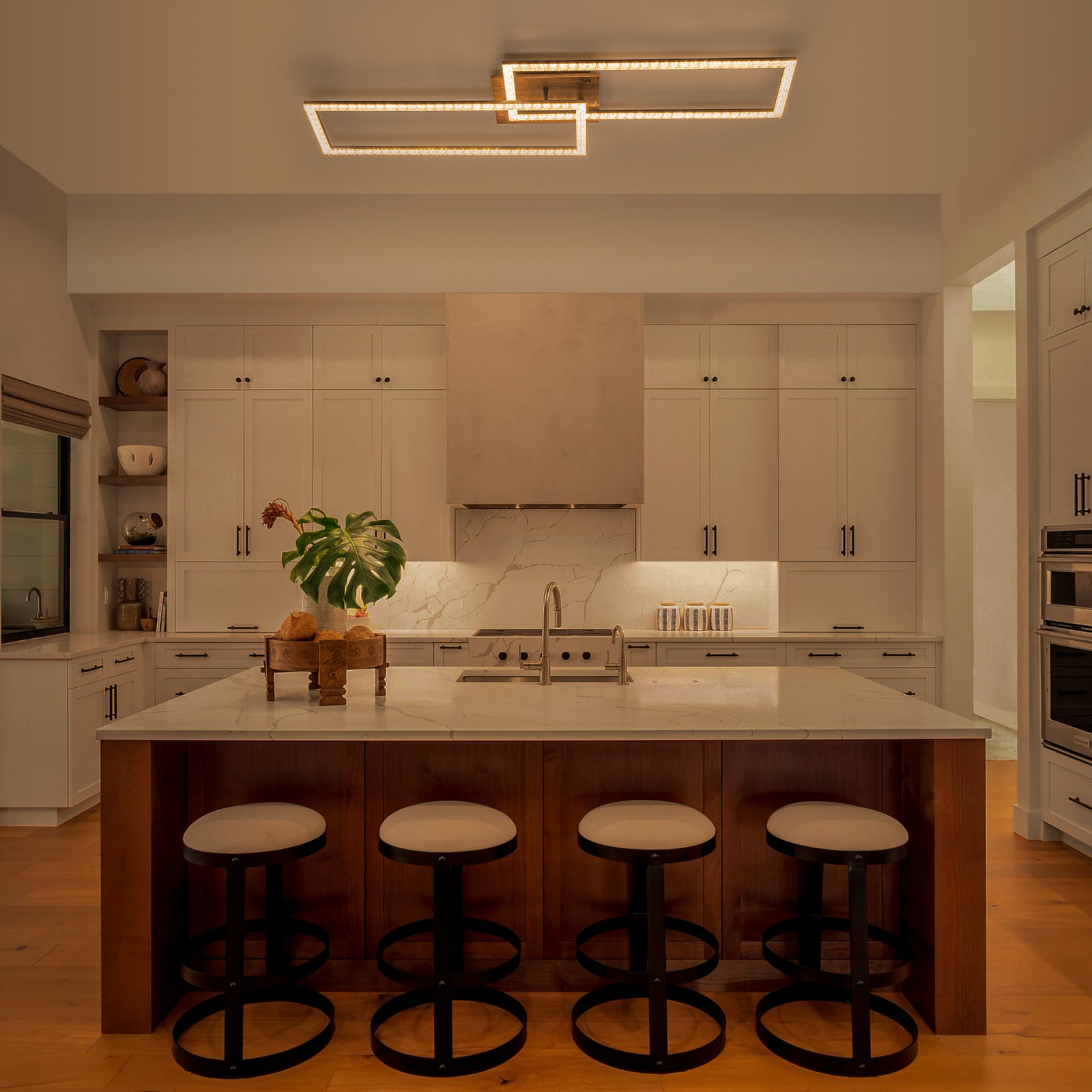 2-Light 40.55 in. Modern Black and Wood Dimmable Integrated LED Flush Mount Ceiling Light