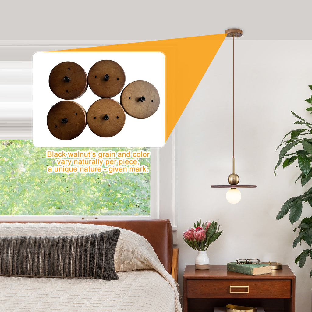 25-Watt 1-Light Modern Gold and Wood Pendant Light with White Globe Glass Shade for Bedroom