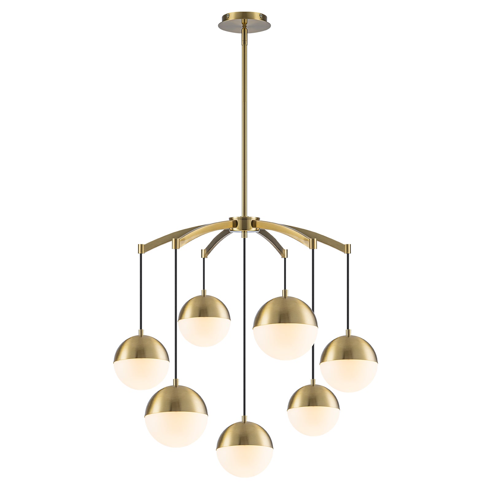 27.4 in. 7-Light Modern Brass Metal Globe Chandelier Hanging Light with White Glass Shades for Living Room