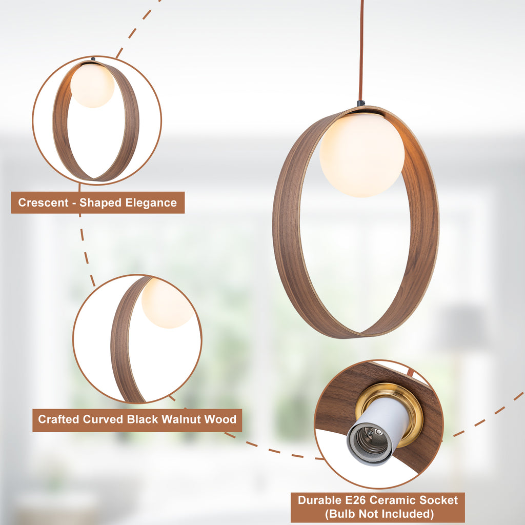 12 in. 1-Light Modern Walnut Oval Globe Pendant Light with White Glass Shade for Dining Room, Kitchen Island