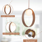 12 in. 1-Light Modern Walnut Oval Globe Pendant Light with White Glass Shade for Dining Room, Kitchen Island