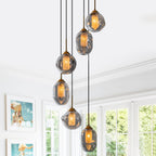 16 in. 6-Light Modern Black Staircase Chandelier Island Pendant Light with Smoky Gray Globe Glass Shade