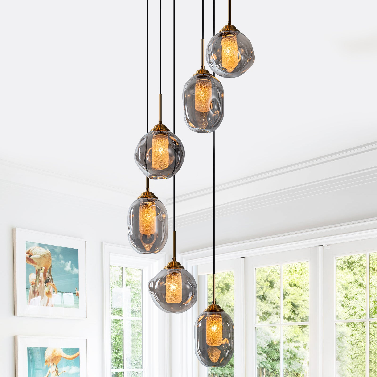 16 in. 6-Light Modern Black Staircase Chandelier Island Pendant Light with Smoky Gray Globe Glass Shade