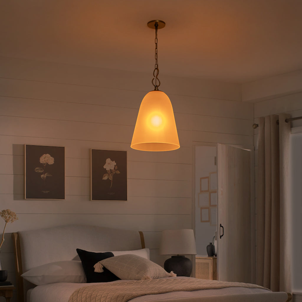 1-Light Modern Gold Bell Shaped Chandelier Hanging Light with Champagne-Colored Glass Shade for Dining Room