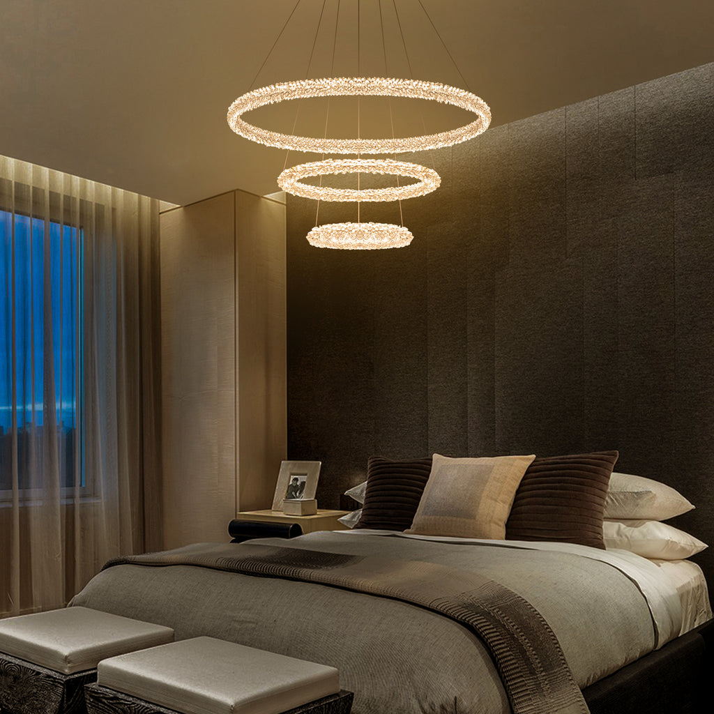 3-Light Modern Gold Ring Dimmable Integrated LED Chandelier Tiered Pendant Light with Crystal for Dining Room