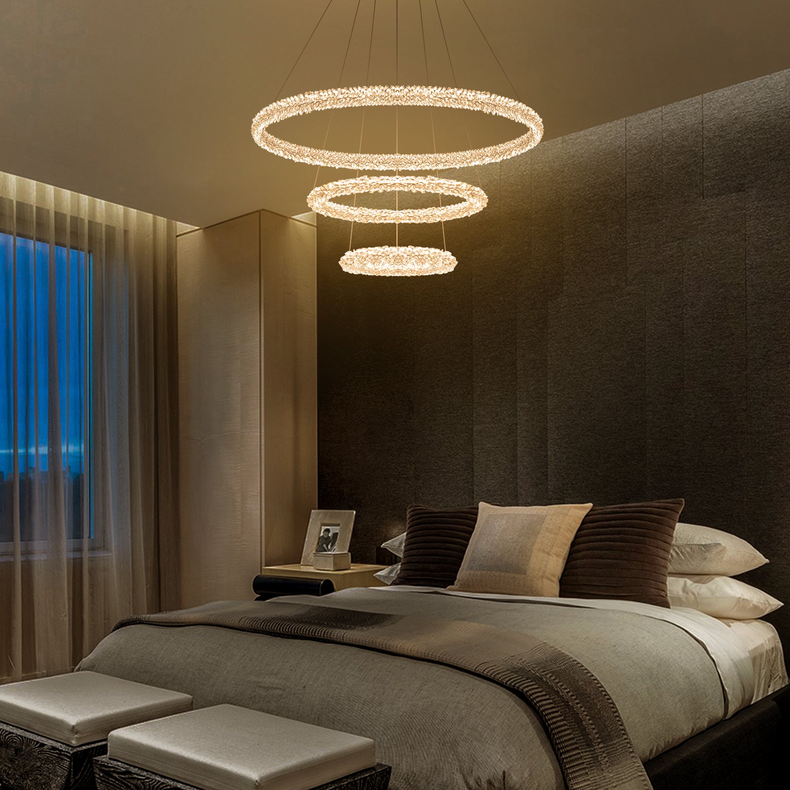 3-Light Modern Gold Ring Dimmable Integrated LED Chandelier Tiered Pendant Light with Crystal for Dining Room