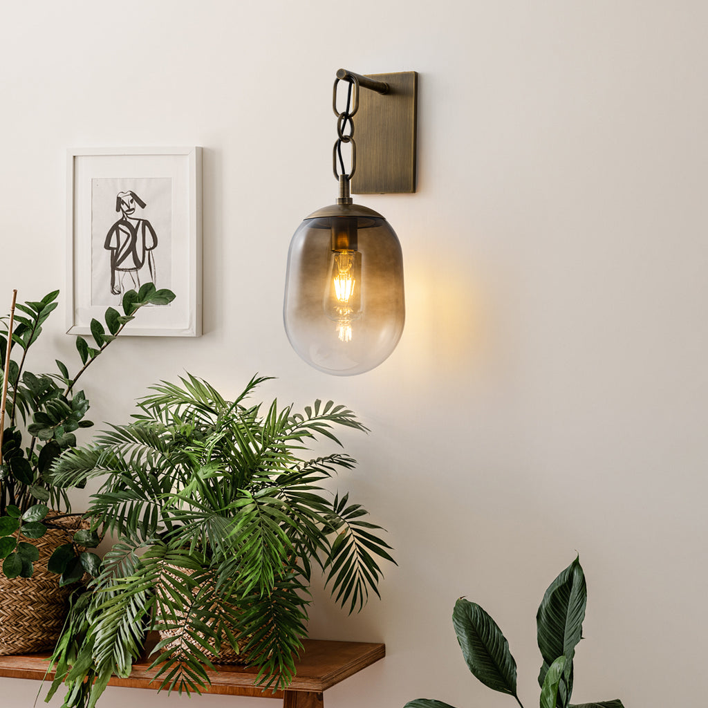 7.09 in. 1-Light Antique Metal Wall Sconce with Oval Gradient Color Glass Shade for Bedroom, Bathroom, Hallway