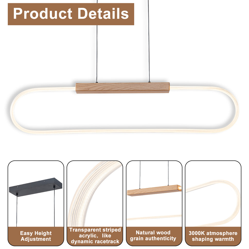 47.24 in. 1-Light Modern Black Linear Integrated LED Pendant Light Fixture with Wood Accent for Kitchen Island