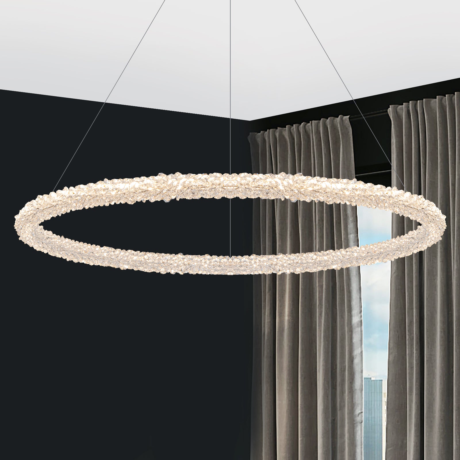 1-Light Modern Gold Metal Ring Crystal Integrated LED Pendant Light Dimmable Chandelier for Dining Room