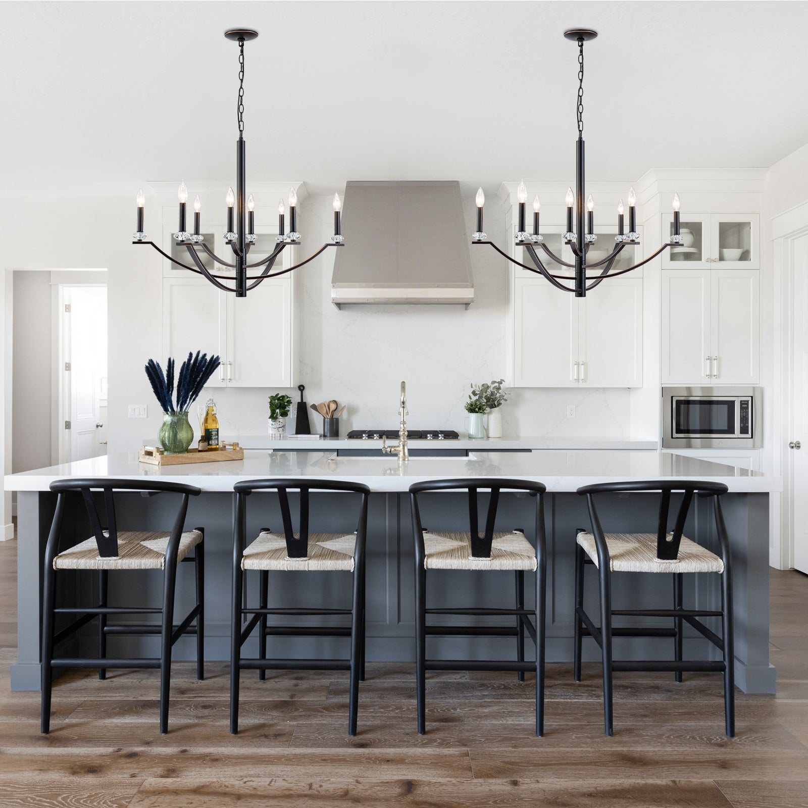 41 in. 8-Light Matte Black Traditional Candlestick Chandelier Modern Linear Candle Pendant Light